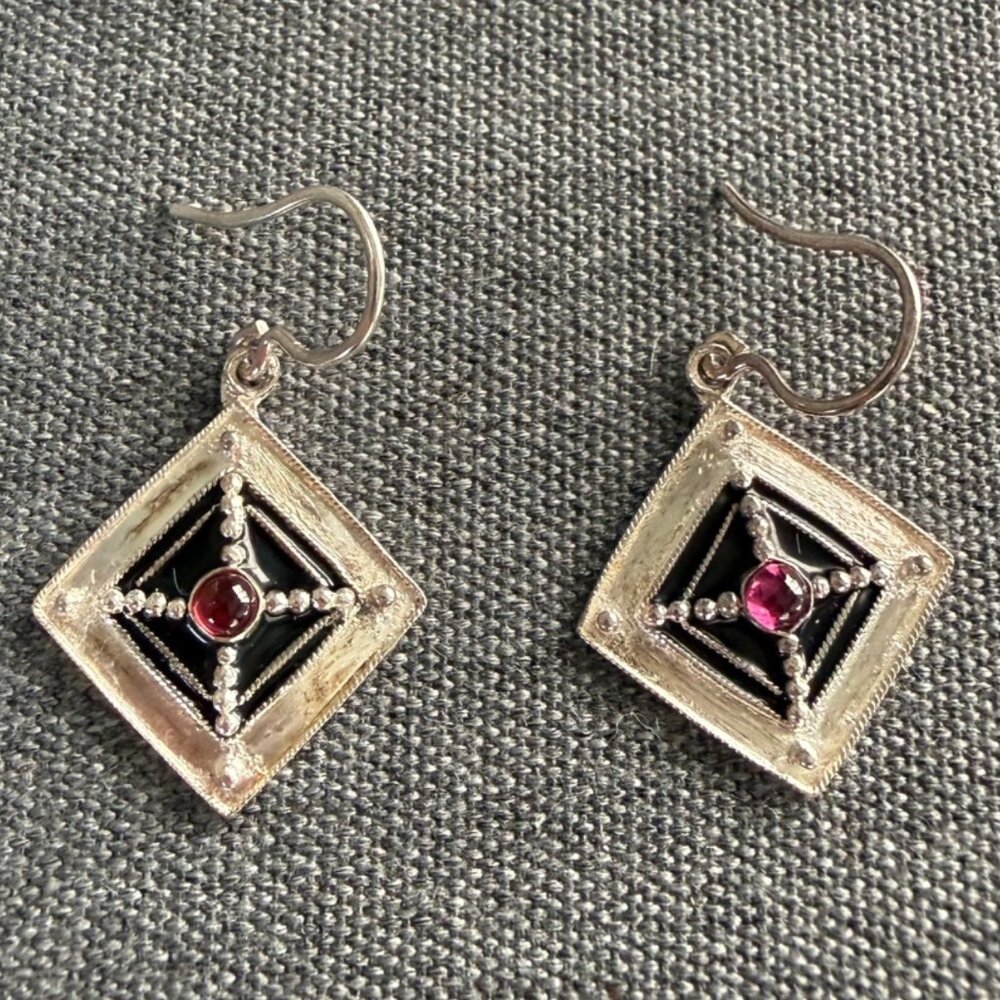 MMA Sterling Silver Square Drop Earrings With Red Gemstone & Black Enamel Design